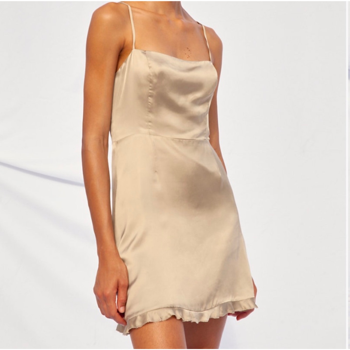 Aritzia Wilfred Tan Skye Satin Spaghetti Strap Smocked Soft Mini Dress Womens 2